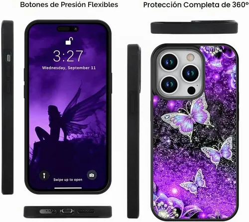 Vista 2 de OOK Diseños para iPhone 14 Pro Max Funda con Purpurina Mariposa Púrpura Diseño de Nebulosa Espacial PC Duro + TPU Suave Parachoques Antideslizante