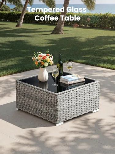 Vista 4 de ovios Juego de muebles de patio al aire libre de 5 piezas con mesa de café, conjunto seccional de muebles de patio con sofá de mimbre para todo tipo