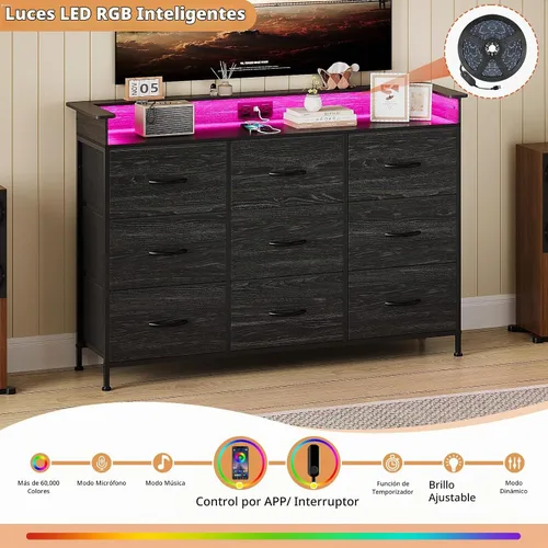 Vista 4 de EXOTICA Cómoda negra con estación de carga, 9 cajones con luz LED y puertos USB, cómoda de tela para dormitorio, pasillo, entrada, armarios, marco
