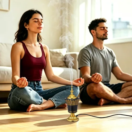 Vista 9 de Amosfun Quemador de incienso eléctrico, estilo árabe, incensario, hogar, oficina, decoración de mesa, yoga, spa, aroma, ornamento, enchufe de EE. UU