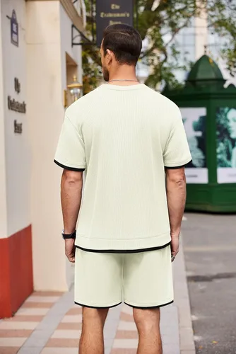 Vista 4 de COOFANDY Conjunto de 2 piezas de camisa y pantalones cortos para hombre, estilo casual de verano con bolsillos