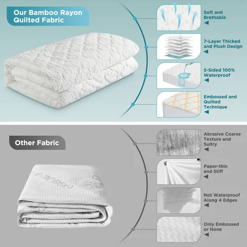 Vista 9 de Protector de colchón impermeable de 5 lados, funda de colchón acolchada de rayón de bambú, sábanas bajeras transpirables y refrescantes sin ruido