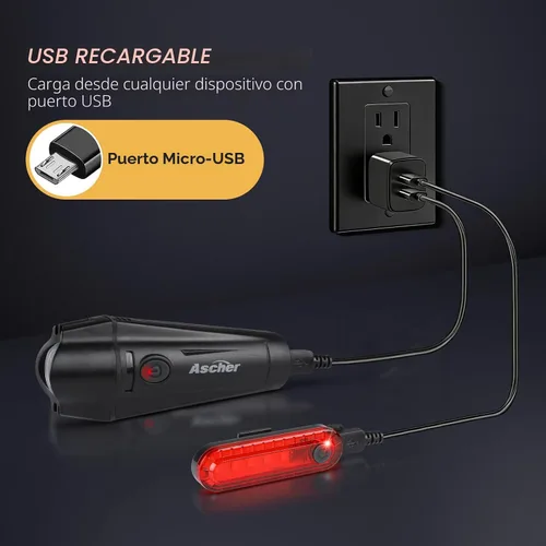 Vista 7 de Ascher Ultra Bright USB Rechargeable Bike Light Set, Powerful Bicycle Front Headlight and Back Taillight, 4 Light Modes, Easy to Install for Men