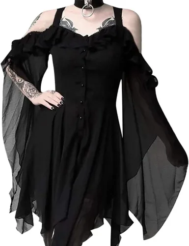Vista 2 de Vestido renacentista para mujer, vestido gótico de Halloween, vestido retro de Halloween, disfraz medieval, vestido de encaje con hombros