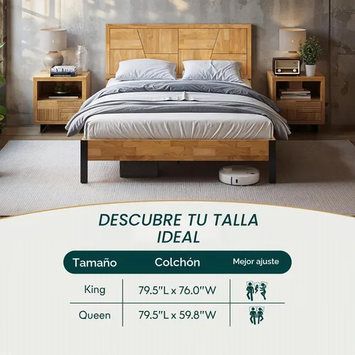 Vista 7 de Estructura de cama Queen en forma de trapecio de Bme – Cama moderna de madera maciza con cabecero de patrón suave, patas de metal negro, acabado