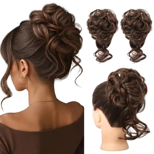 Vista 33 de HOOJIH 2 piezas de extensiones de cabello estilo moño despeinado, extensiones de cabello rizado y ondulado con tiras, cola de caballo, horquillas