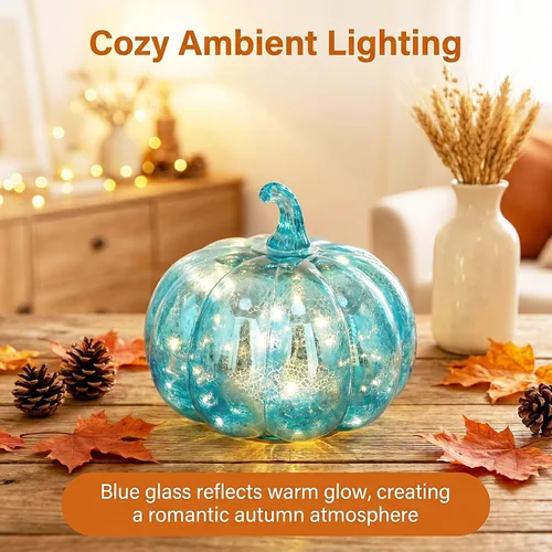 Vista 4 de Fall Decorations for Home,Mercury Glass Pumpkin Lights with Timer(Blue)