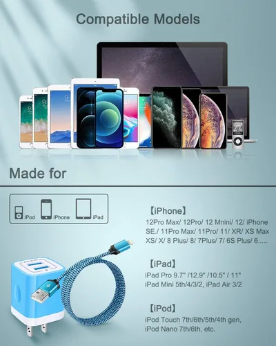 Vista 7 de AILKIN - Cargadores para iPhone con certificación MFI, cable Lightning trenzado de 6 pies de largo USB Wall Charger, Fast Charging Power Cord Plug