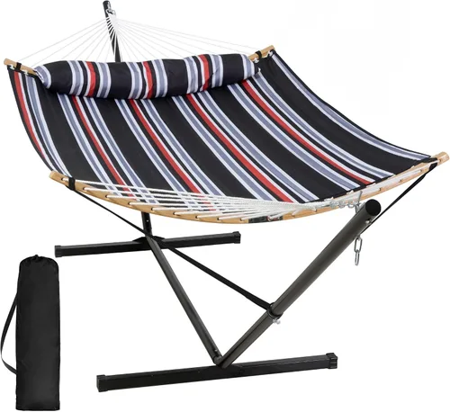 Vista 16 de SUNCREAT Hamaca doble con soporte incluido, hamaca portátil con soporte y almohada grande, rayas azules Rayas A-blue