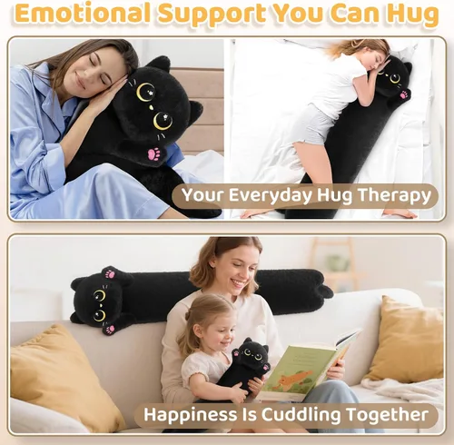Vista 5 de Almohada larga de felpa negra ultra suave diseñada por artistas de Mewaii, con relleno extra para mayor comodidad, peluche de animal de alta