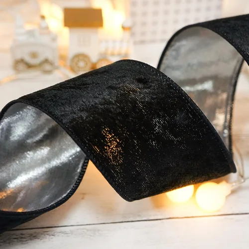Vista 5 de Cinta de terciopelo negro con alambre y respaldo metálico plateado de 2.5 pulgadas x 10 yardas para adorno de la punta del árbol de Navidad