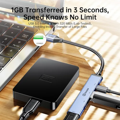 Vista 2 de Concentrador USB 3.0 de 4 puertos con adaptador de alimentación dedicado de 5V/2A tipo C Fuente de alimentación externa estable Hub 4 en 1