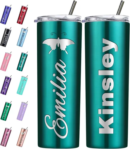 Vista 13 de Vaso personalizado personalizado con nombre grabado y logotipo, vasos delgados personalizados con tapa y pajita, vaso aislado de acero inoxidable