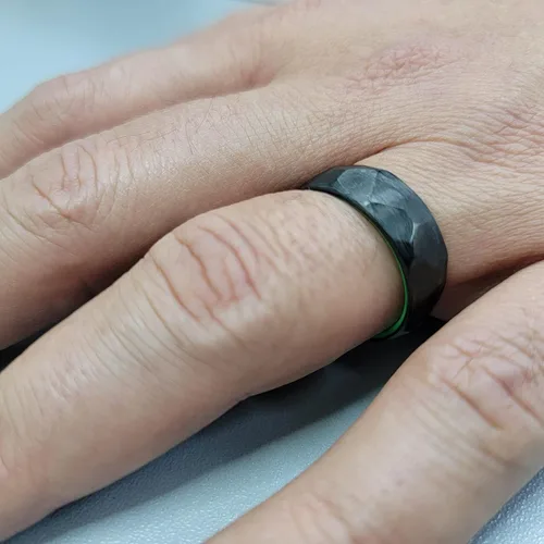 Vista 6 de Handmade Ring Band - Carbon Fiber Faceted/Hammered Ring with Glow Interior, Matte Finish, Glow-in-the-Dark Durable, Waterproof, Sizes 4-16, Custom