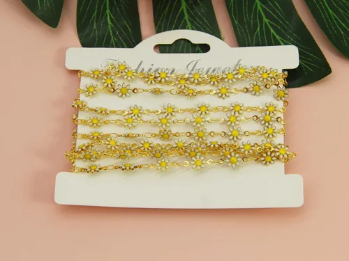 Vista 3 de Cadena de eslabones de girasol esmaltada hecha a mano con fornituras de latón chapado en oro para hacer joyas, máscara de vidrio, zapatos, Cc02