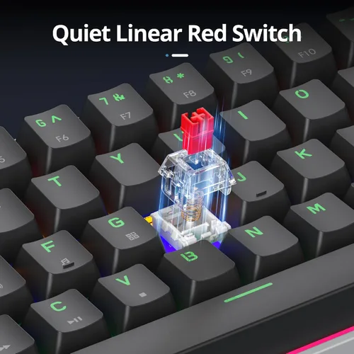 Vista 3 de Teclado mecánico compacto 65% para juegos, interruptores rojos lineales retroiluminados con LED, mini teclado con cable para computadora portátil