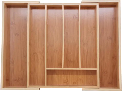 Vista 8 de Organizador de cajones de bambú, bandeja expandible para cubiertos, soporte ajustable para utensilios de 5 a 7 compartimentos, organizador de Madera