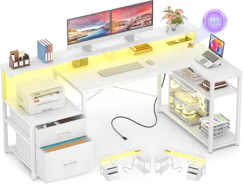 Vista 10 de Aheaplus Escritorio en forma de L con cajón de archivos, escritorio reversible en forma de L para computadora y juegos con toma de corriente