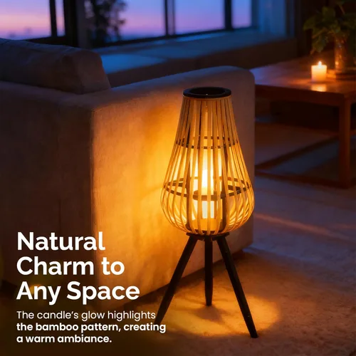 Vista 3 de Linterna decorativa de bambú natural moderna para interiores y exteriores con soporte negro y candelero de cristal