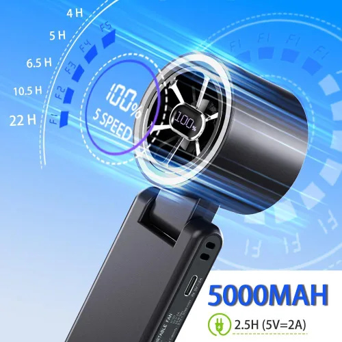 Vista 5 de CAZOKASI Ventilador de mano recargable de viento fuerte con iluminación ambiental 4 IN1 5000mAh hasta 22H para cuello de clip de cintura