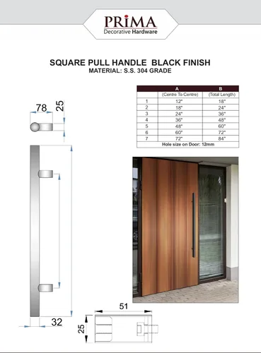 Vista 4 de Prima Decorative - Tirador de puerta cuadrado de acero inoxidable de 72 pulgadas (72 pulgadas), manija de barra de montaje lateral trasero a Negro