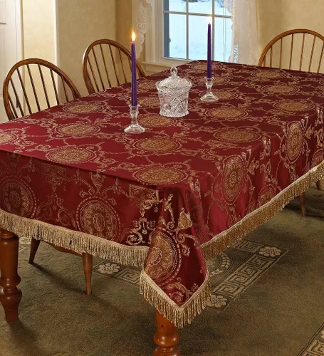 Vista 2 de Violet Linen Prestige - Mantel con diseño de damasco, 52 x 70 in, color burdeos. Borgoña