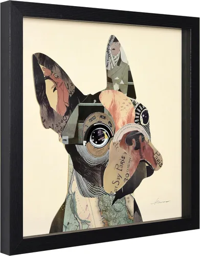 Vista 3 de Empire Art Direct Alex Zeng - Papel gráfico enmarcado con collage dimensional de bulldog francés bajo vidrio, listo para colgar, 17 x 17 pulgadas