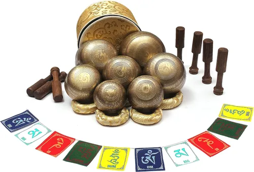 Vista 4 de ESK-06 - Juego de 7 cuencos tibetanos de 3 a 5.2 pulgadas, cuenco cantor del Himalaya, hecho a mano, con cojines de seda, 7 palos, bandera y caja