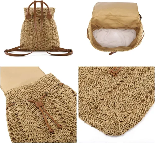 Vista 6 de Ayliss Bolso de mano de paja para mujer, bolso de hombro de verano, tejido a mano, bolso de mano para playa, bolsa de hobo, Caqui, S