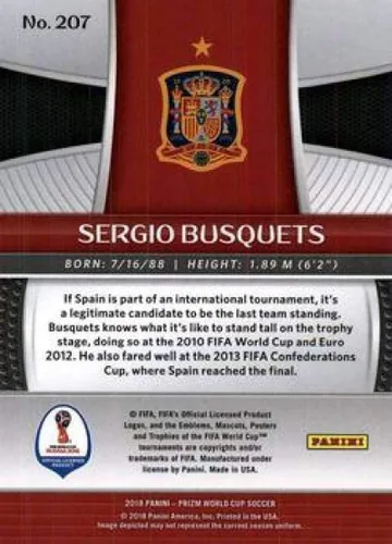 Vista 2 de 2018 Panini Prizm World Cup #207 Sergio Busquets España - Tarjeta oficial de fútbol en estado crudo (NM o mejor)