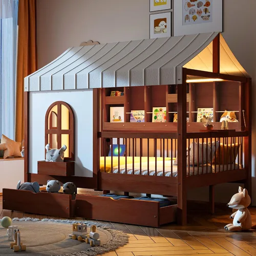 Vista 25 de Cama de casa con tienda y estantería, 2 cajones, carga USB Espresso-tt