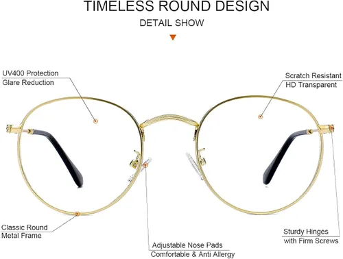 Vista 5 de Gleyemor Lentes transparentes para mujeres y hombres, lentes faciales falsos con marco de metal redondo clásico
