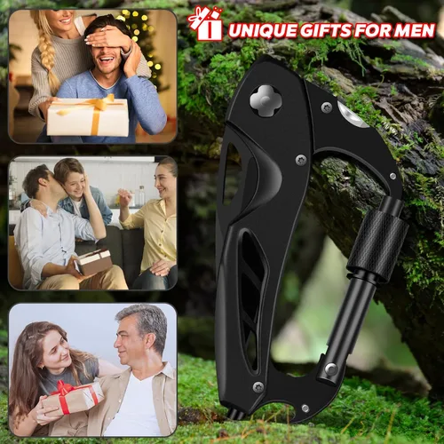 Vista 7 de Herramienta múltiple con mosquetón con cuchillo de bolsillo, equipo de supervivencia para camping y senderismo, llavero con mosquetones EDC