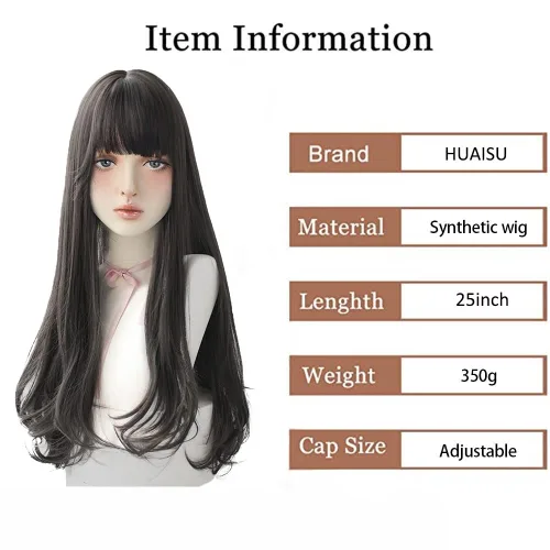 Vista 2 de Peluca larga negra con flequillo, peluca de cabello natural para mujer, peluca de cosplay (negro, 25 pulgadas)
