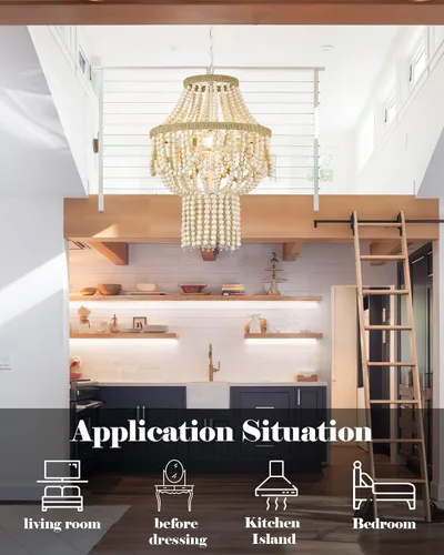 Vista 12 de ELYONA Candelabro grande de madera de abedul con cuentas de 3 luces, 16 pulgadas, estilo bohemio, estilo granja, luz colgante rústica, lámpara