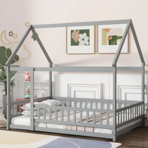Vista 12 de Harper & Bright Designs Marco de cama de piso de casa de tamaño individual con barandillas de techo y valla, cama Montessori de madera maciza, fácil
