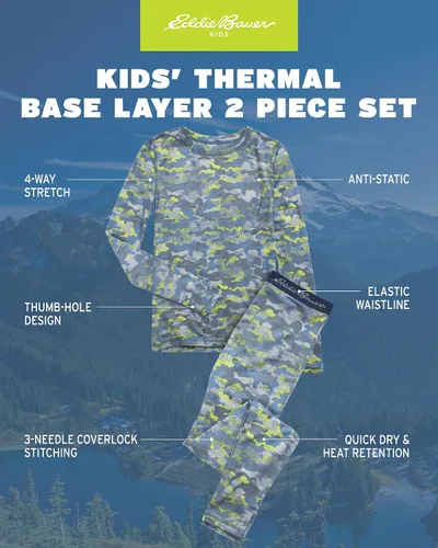 Vista 2 de Eddie Bauer Conjunto de ropa interior térmica para niños, camisa de capa base de rendimiento de 2 piezas y pantalones térmicos para niños y niñas