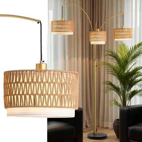 Vista 10 de Lámpara de pie de ratán para sala de estar, lámpara de pie boho de 80 pulgadas de altura con interruptor giratorio, lámpara de arco de 3 luces
