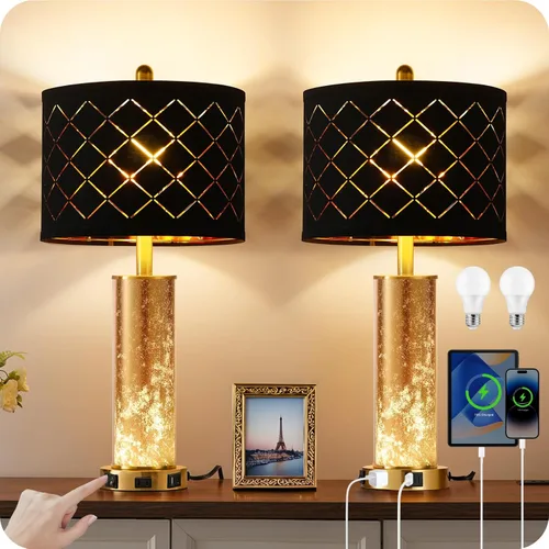 Vista 10 de Juego de 2 lámparas de mesa de granja, lámparas industriales de mesita de noche con puertos USB, lámparas de escritorio rústicas vintage para sala
