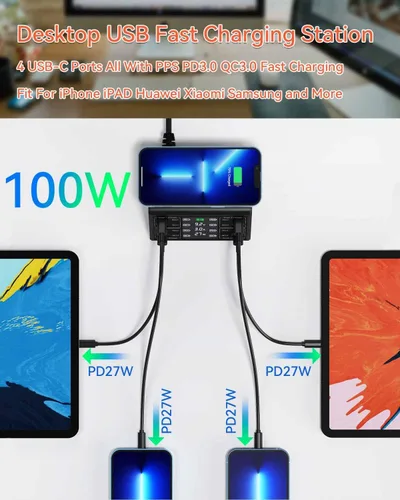 Vista 2 de Cargador USB, ASOMETECH 100 W, 8 puertos, estación de carga USB múltiple con 4 puertos de carga rápida 3.0, 4 puertos USB C PD, cargador Negro