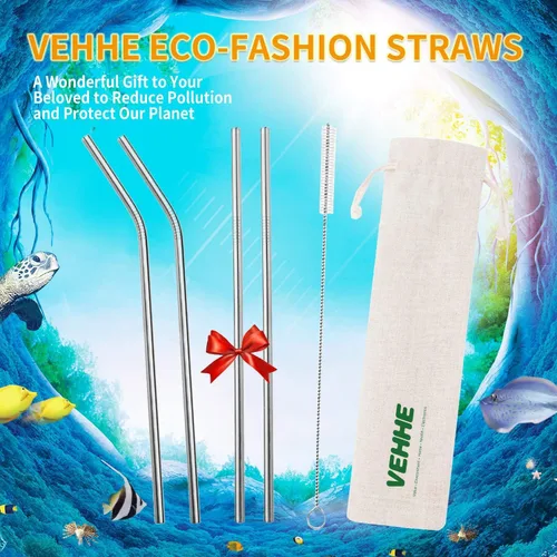 Vista 2 de VEHHE Popotes de metal de acero inoxidable Popotes para beber reutilizables - 10.5" Ultra largo 4 + 1 - Con cepillo de limpieza para vasos de 20/30