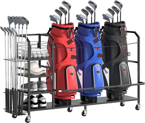 Vista 9 de Golf Bag Storage Organizer for Garage, Single Golf Bag Garage Organizer with Golf Club Rack, Shoe Shelves & Ball Storage, Rolling Golf Storage Rack