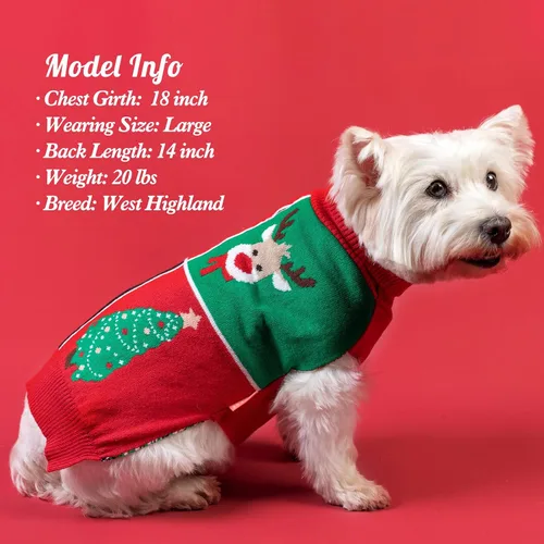 Vista 4 de KYEESE Suéter de Navidad para perros pequeños, cuello alto, bloque de color, ropa de punto para perro con agujero para correa, suéter