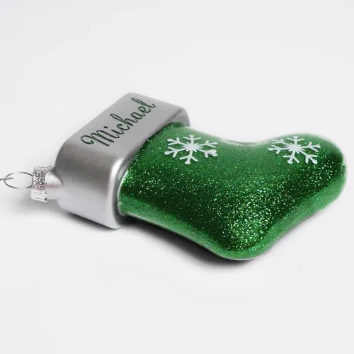 Vista 8 de Let's Make Memories Adorno de Navidad personalizado, cristal con forma de calcetín con purpurina, nombre grabado con láser, tono de joya, adorno