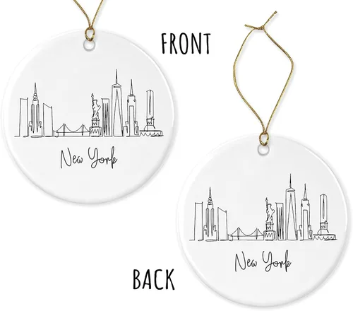 Vista 3 de KrysDesigns Adorno de Nueva York para árbol de Navidad, regalo de cerámica para decoración navideña, porcelana, 3 pulgadas, plano con cinta dorada