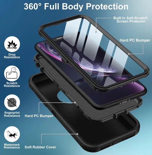 Vista 3 de Funda para iPhone XR, con protector de pantalla integrado, protección resistente contra caídas, cuerpo completo, a prueba de golpes, a prueba