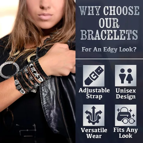 Vista 5 de 6 pulseras emo de cuero para hombres y mujeres, joyas góticas ajustables punk rock, diseños de estrellas de calavera, se adapta a muñecas de 7 a 11