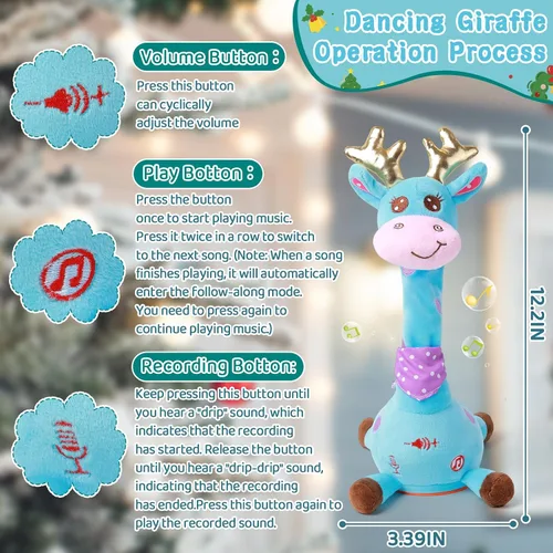 Vista 7 de Jirafa que habla bailando con cuernos dorados, juguete de peluche para bebé que repite lo que dices, juguete musical con cuernos dorados, regalos