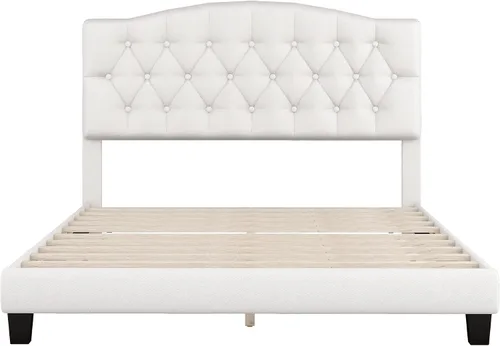 Vista 4 de DSHADE Base de cama Queen con plataforma tapizada de lino moderno, base de cama de madera maciza beige con cabecero, detalles capitoné de diamante