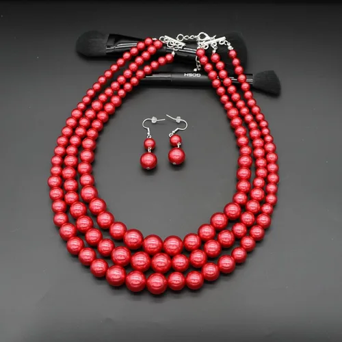 Vista 5 de We We Collar de perlas sintéticas de tres capas para mujer, collar de perlas de múltiples hebras, juego de aretes de perlas de los años 20, joyería